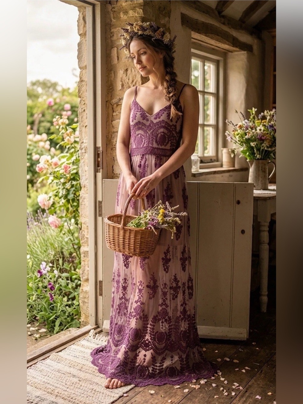 Alter’d State Apololina Bohemian Lace Maxi Dress in Plum - Picture 1 of 6